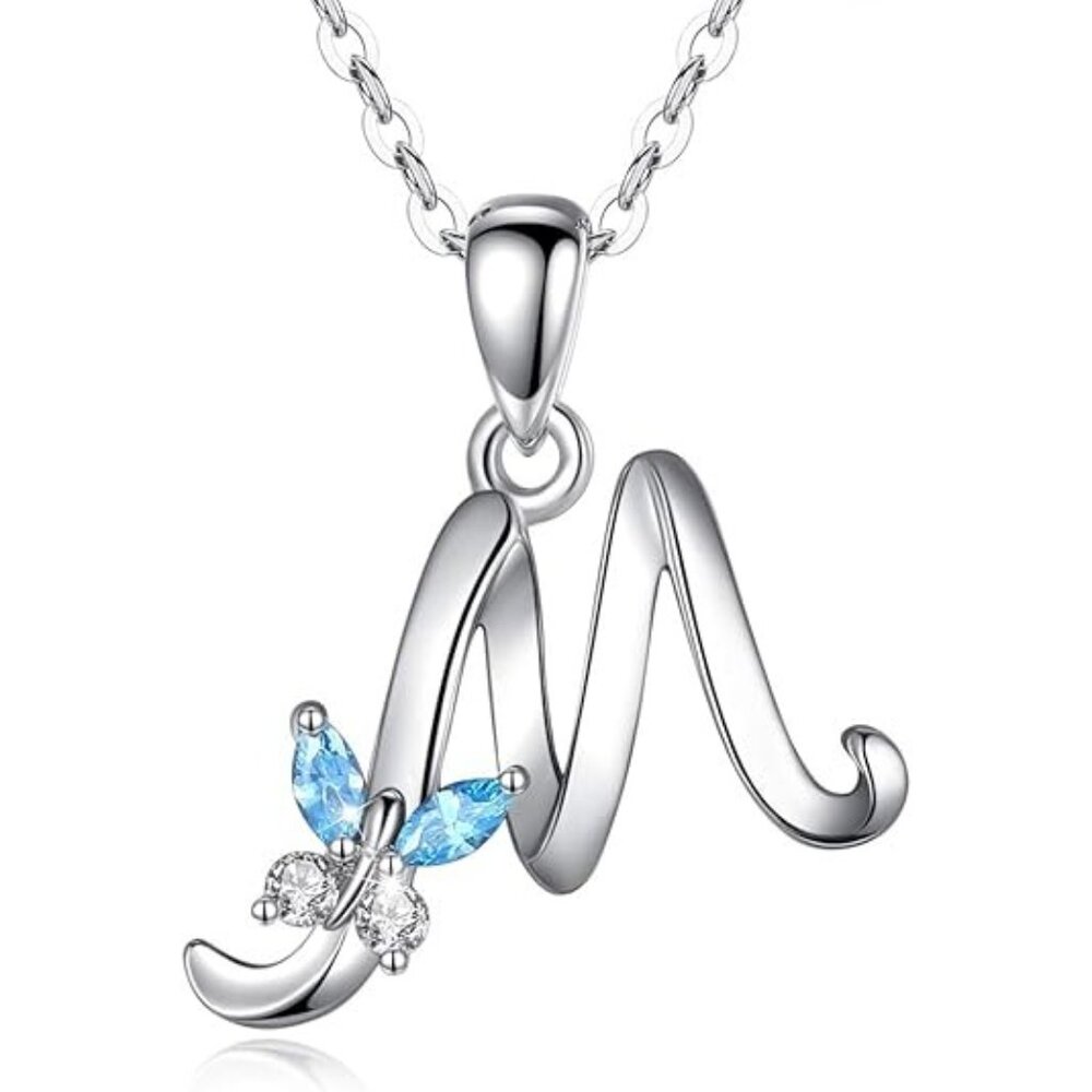 Letter M Silver Butterfly Initial Elegant Necklace 18"